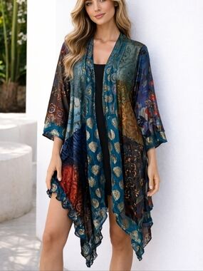 STERLING STYLES 1990s Mixed Print Metallic Patchwork Assymetric Kimono